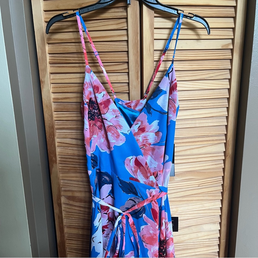 NWT Lulu's Elegantly Inclined Blue and Pink Floral Wrap Maxi Dress - Picture 3 of 12